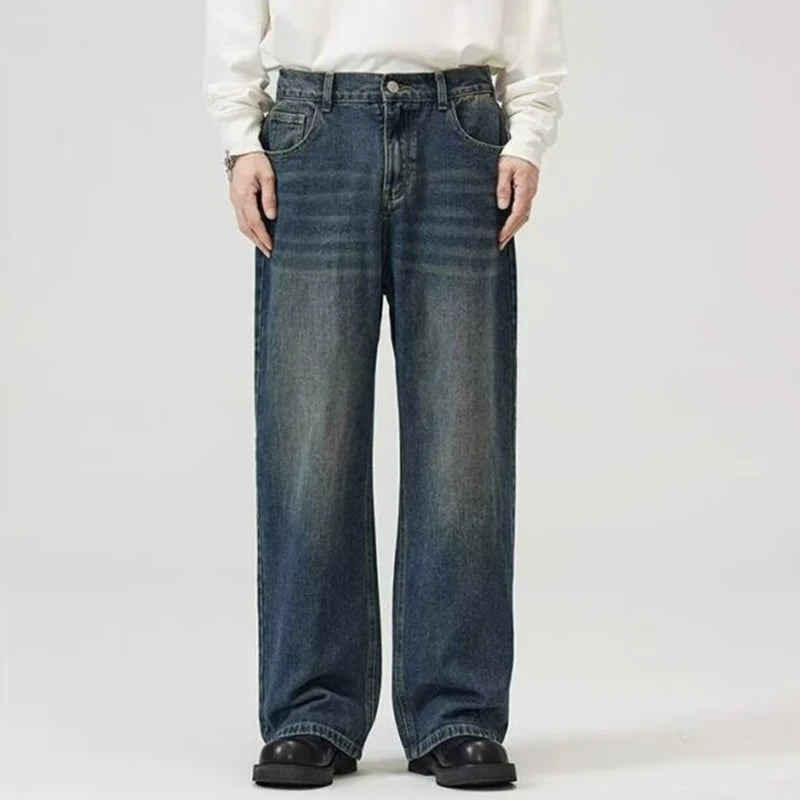 Male Classic America Hip Hop Rap Jeans Wide Leg Youth Popular Jeans Men Straight Leg Retro Loose Trousers Oversized Denim Pants