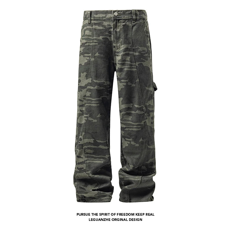 New Mens Camouflage Cargo Work Pants Casual Patchwork Straight Leg Outdoor Utility Military Comfortable Durable Hiking Tactical