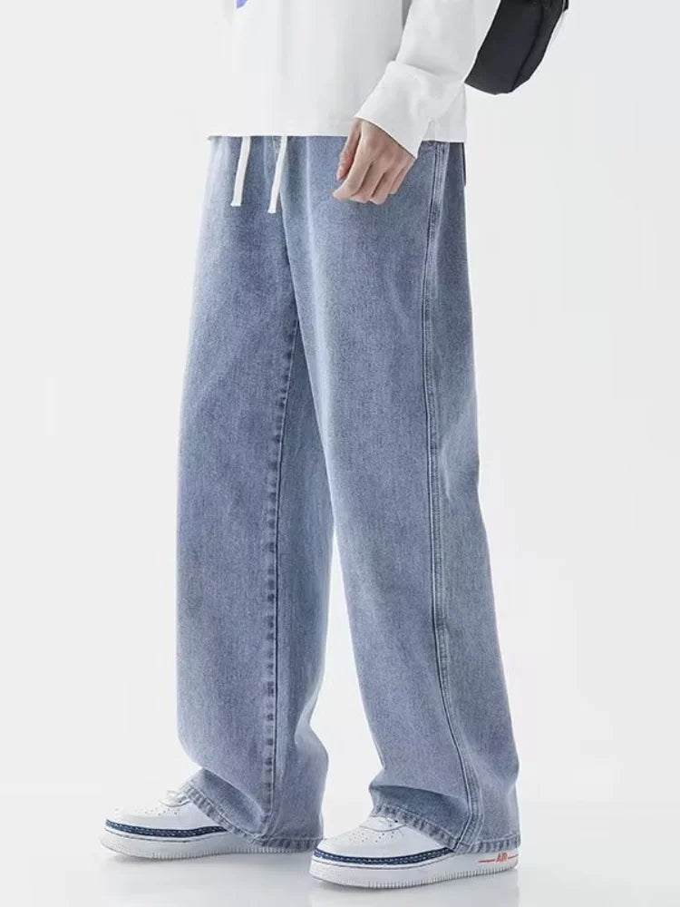 Korean casual solid color versatile men's classic long pants all season straight leg denim wide leg pants light blue gray black