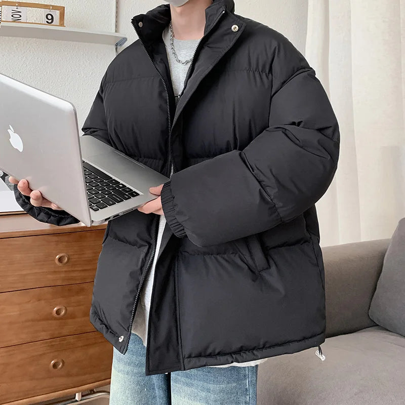 Winter Men Quilted Jackets Heavy Stand Collar Padded Coat Solid Thick Warm Windbreaker Outerwear Clothes Casual Black Khaki