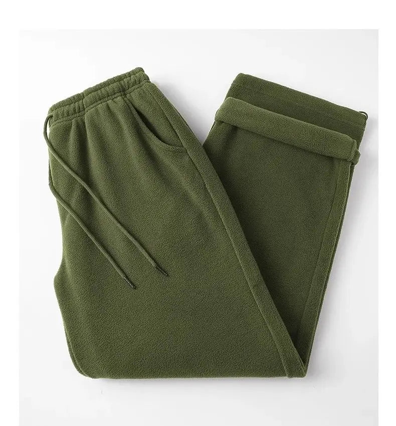 Double-sided Fleece! Retro Military Green Straight-leg Pants Women Loose Thickened Warm Drawstring Casual Wide-leg Pants Men