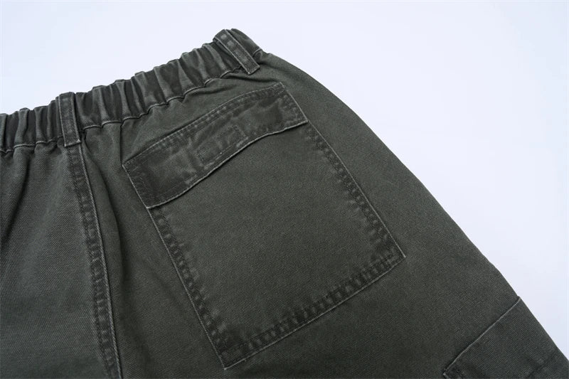 American Loose Straight Cargo Pants Men's Fashion Streetwear 100% Cotton Vintage Large Pocket Loose Casual Wide-leg Trousers