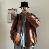 Autumn Street Trendy PU Leather Jacket Casual Textured Locomotive Zipper Turn-down Collar Solid Color Long Sleeve Men's Coats