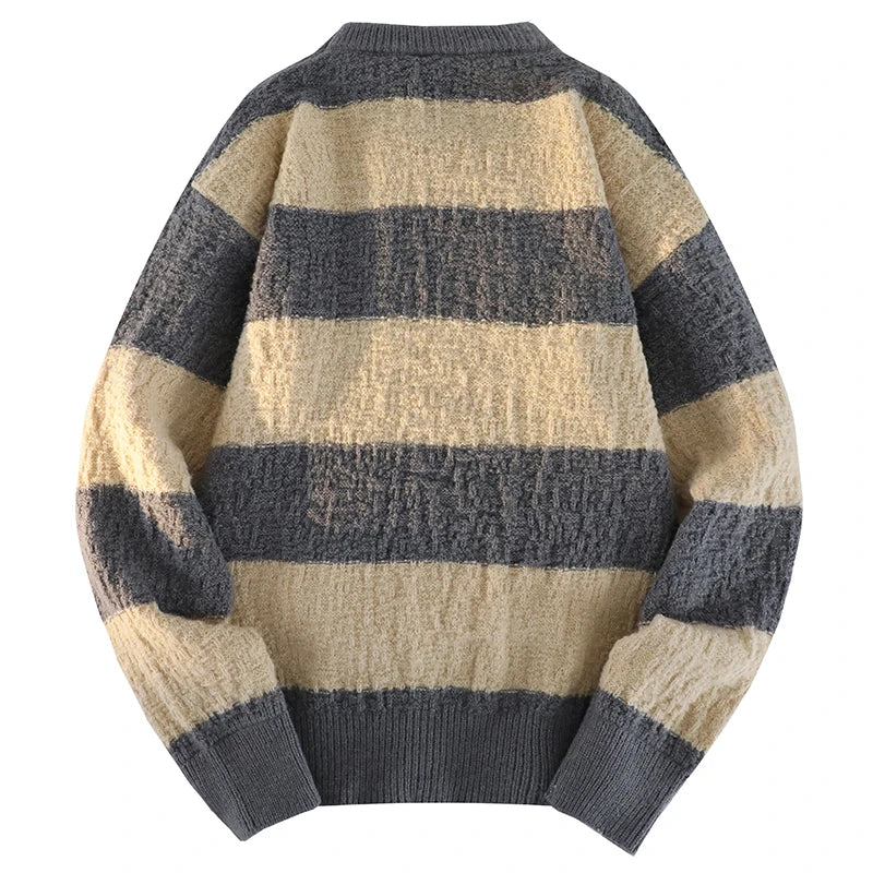 Men's New Black and White Striped Sweater Men's Autumn and Winter Loose Pullover Casual Top Men's Homestay Casual Warmth
