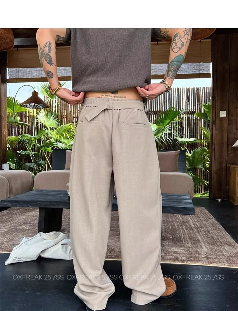 New Retro Fashion Men Suit Pants Light Luxury Draped Baggy Belt Button-down Solid Color Straight Trousers Elegant Dress Pants