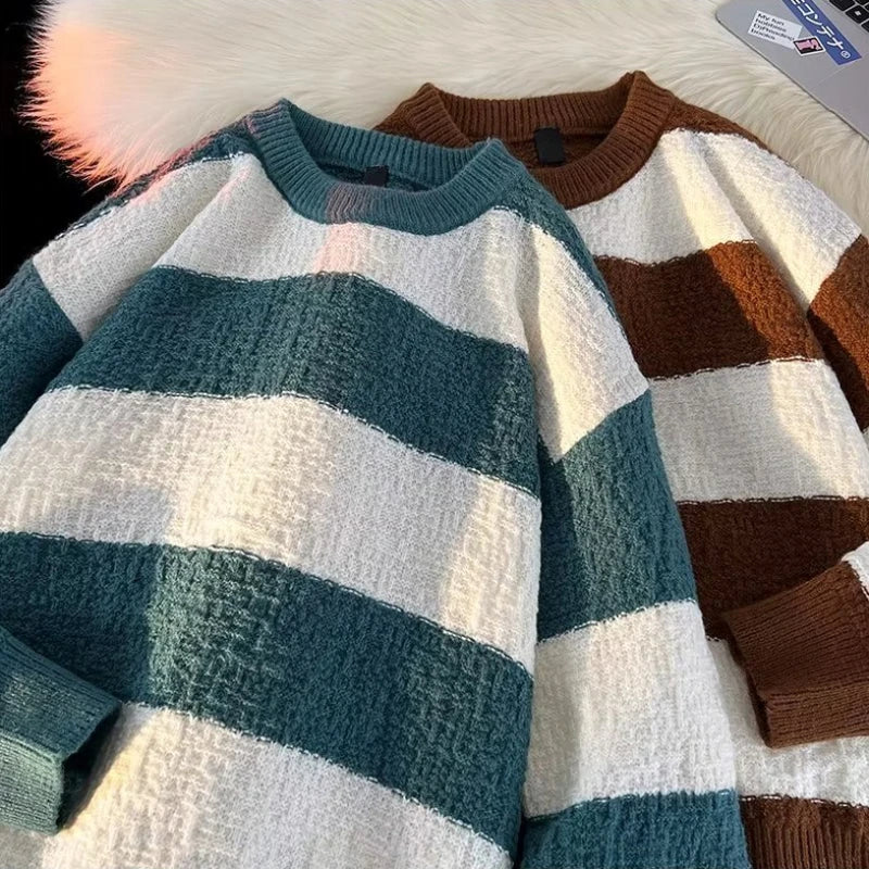 Striped Sweaters Men Fashion Loose Casual Autumn Winter Round Neck Panelled Couple Japanese Style Unisex Streetwear Knitting