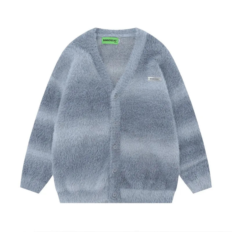 Autumn and Winter Striped Plush Thickened Men's Cardigan V-neck Fashionable Casual Loose Sweater Couple Streetwear Loose Knit