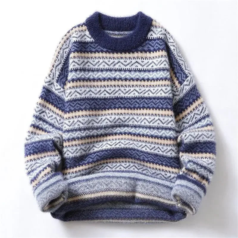 Round neck sweater for men and women autumn and winter new trend loose and high-end sense knitted sweater couple striped casual