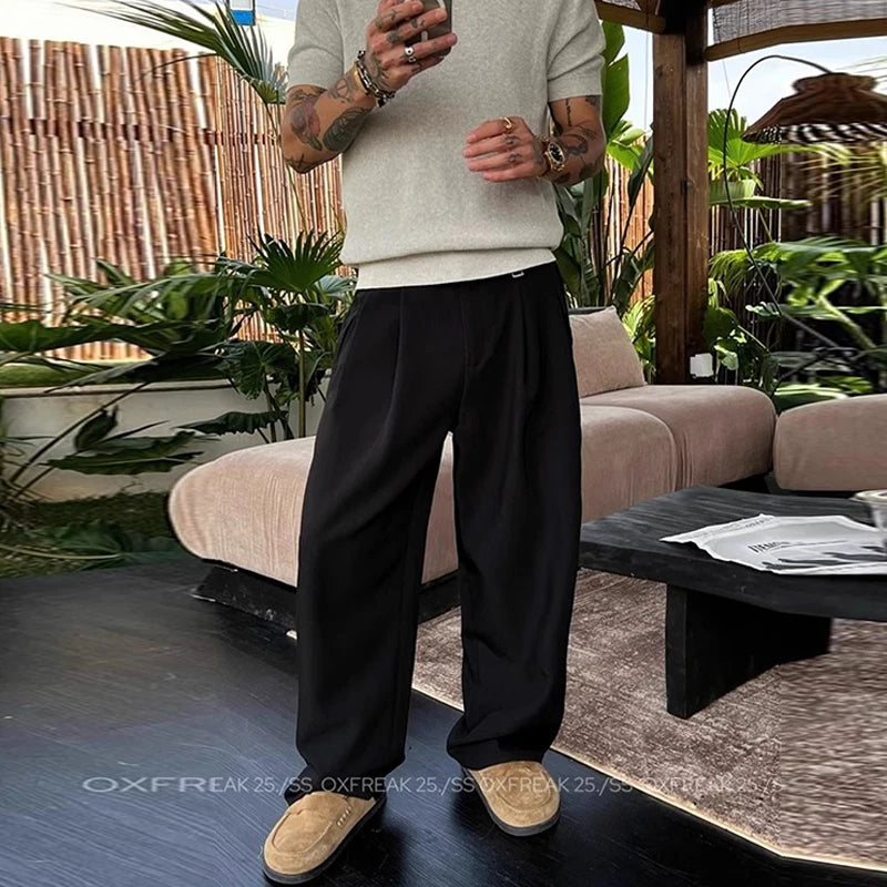 New Retro Fashion Men Suit Pants Light Luxury Draped Baggy Belt Button-down Solid Color Straight Trousers Elegant Dress Pants