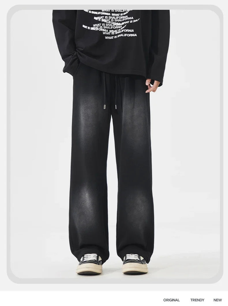 Autumn New Fashion Korean Men's Casual Pants Distressed Classic Black Baggy Straight Trousers Sweatpants Streetwear Male Clothes