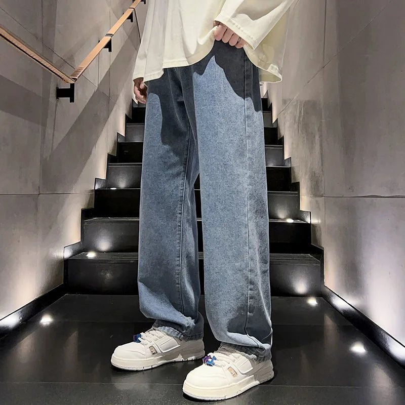 Korean Men's Jeans Classic Man Straight Denim Casual Wide Leg Pants Pockets Black Gray Black Baggy Jeans Casual Trousers
