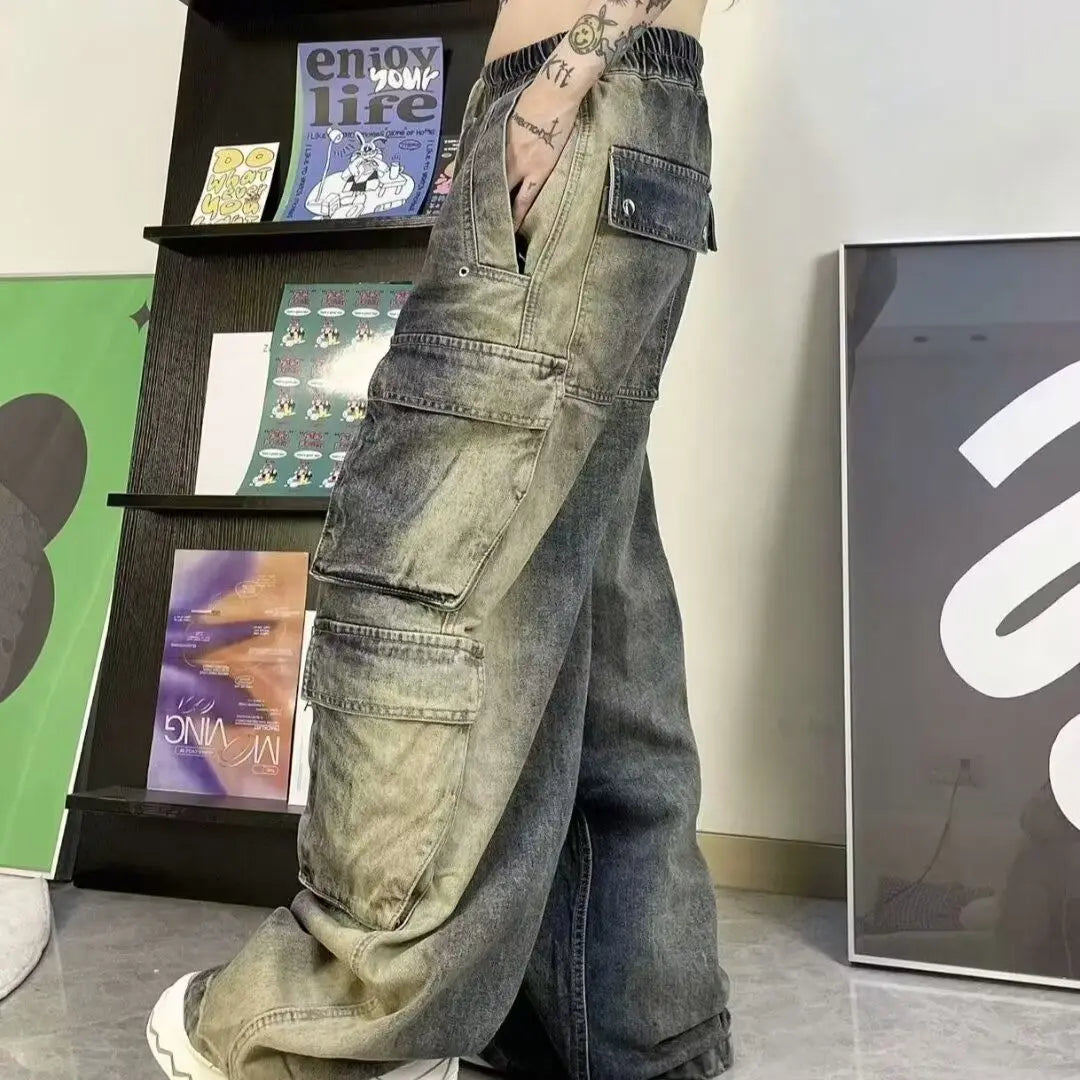 Street men and women trendy and personalized hip-hop straight leg washed gradient jeans for couples loose casual Harajuku pants