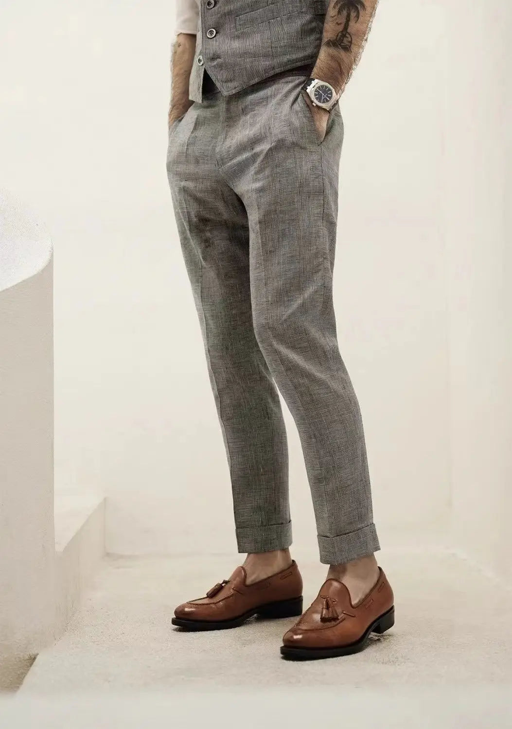 Vintage Naples Linen Pants Men British Style High Waist Slim Fit  Trousers Spring Summer Fashion Casual Ankle-Length Suit Pants