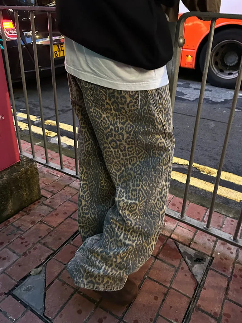 American Retro Leopard Print Casual Pants Y2K Streetwear Washed Loose Hip Hop Fashion Trend High Waisted Straight Leg Jeans