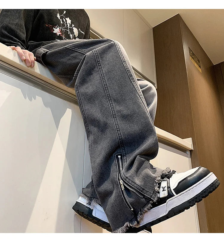 Autumn jeans men New Fashion Side Zipper Casual Jean Pants Men High Street Loose Straight Pant Mens Vintage All-match Trousers