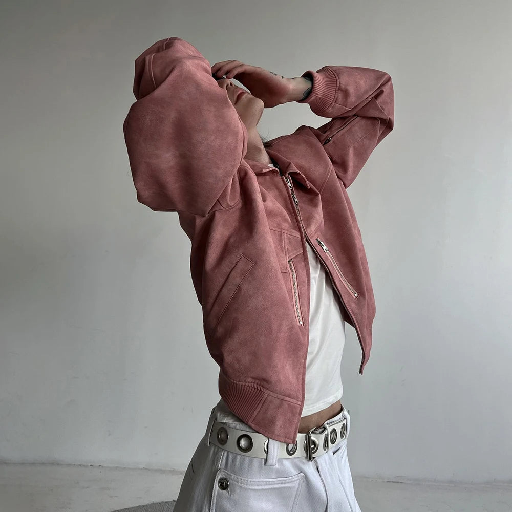 Mens Autumn Winter American Street Retro Distressed Suede Jacket Gender-Neutral Short Loose Casual Trend Biker Jacket Unisex