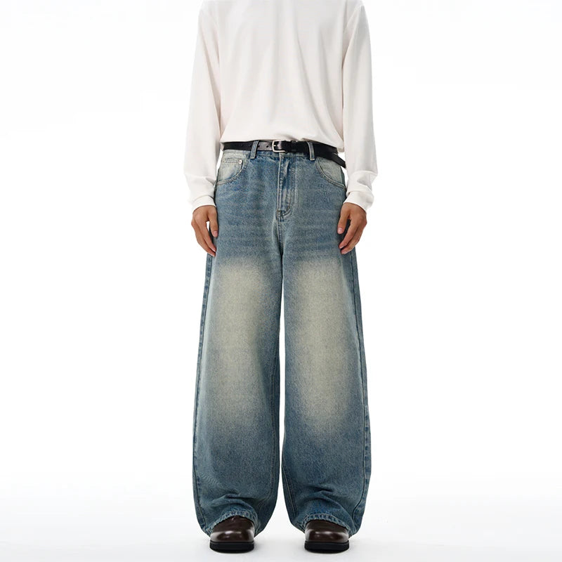 2025 Autumn Men's Wide-leg Jeans Comfortable Loose Casual Straight Trousers American Classic Retro Wash Cotton Denim Pants