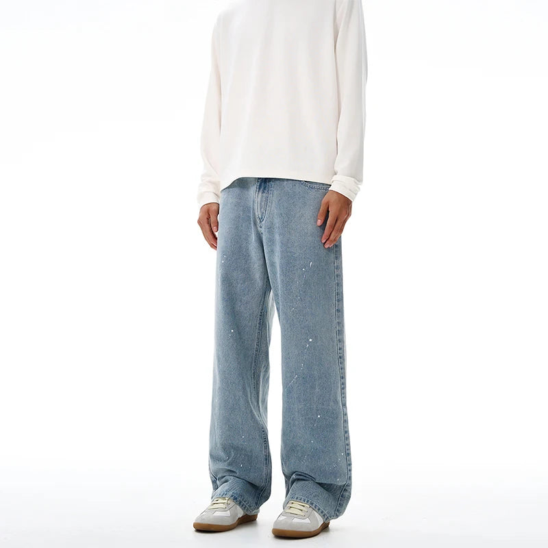 Fashion Graffiti Black Loose Wide-leg Jeans Men's Autumn New American Simple Basic Wash Denim Pants Loose Straight Trousers