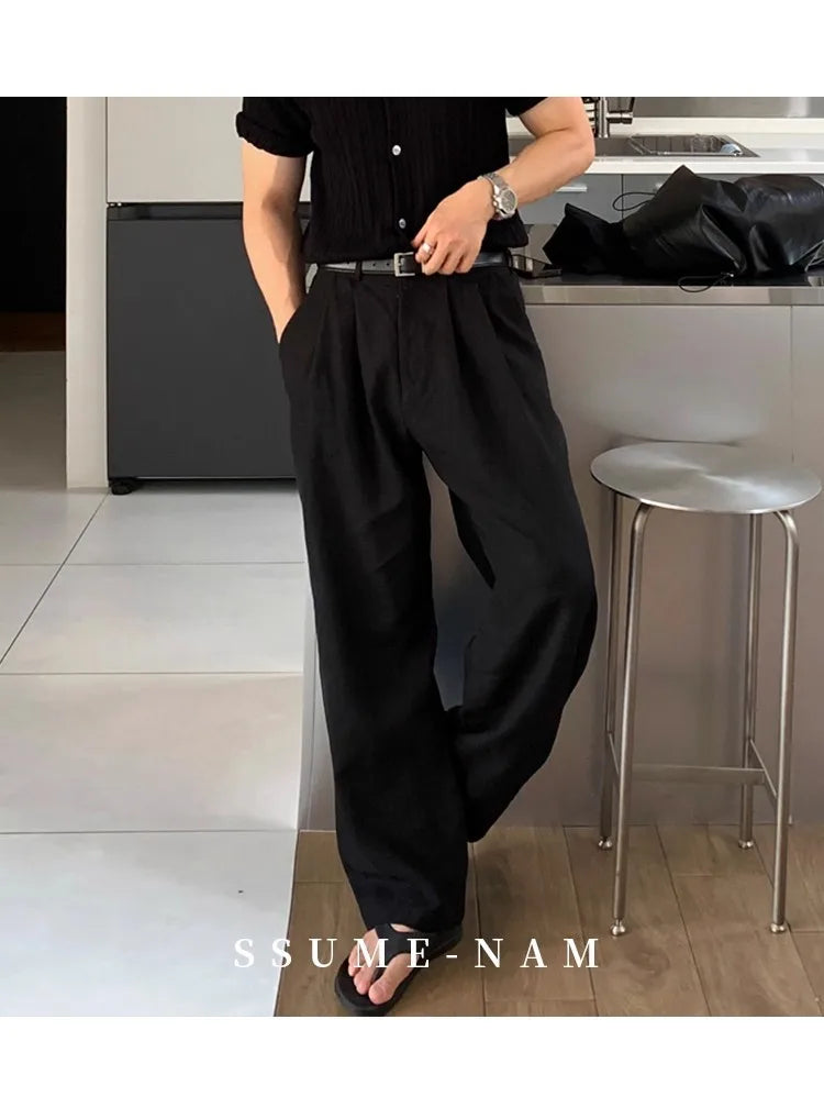 New Japanese Retro Men Casual Pants Luxury Draped Wide Leg Leisure Solid Color Straight Trousers High Quality Elegant Sweatpants