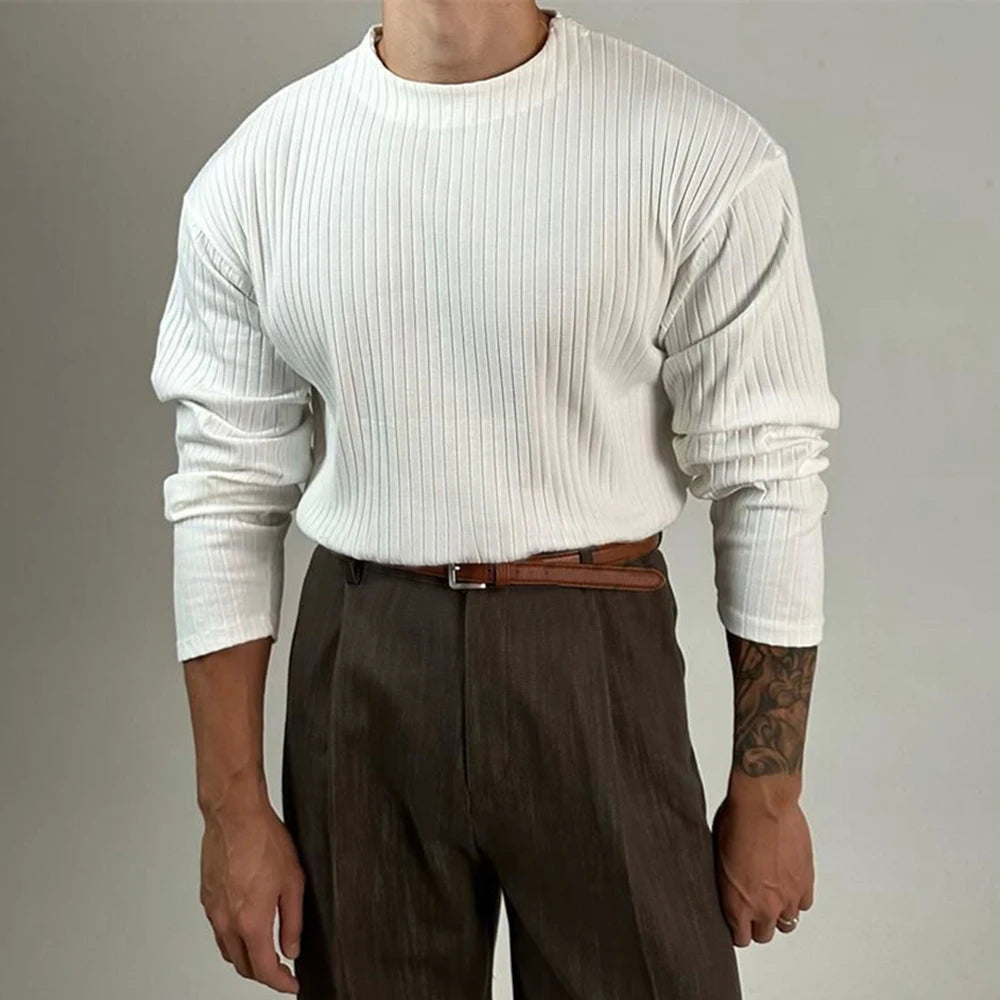 Mens Autumn Concave Convex Striped Off-Shoulder Long-Sleeved Knitted T-Shirt Gender-Neutral Casual Solid Color Loose Top Unisex