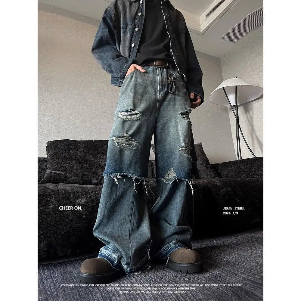 American Spring and Autumn Trendy Street Personalized Fake Two piece Straight leg Jeans Couple Loose Retro Casual Pants y2k