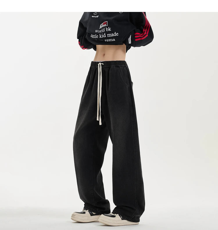 New Men's Jeans Washed Jeans Pants Unisex Drawstring Denim Pants Male Streetwear Korean Straight cylinder loose Cowboy Trousers