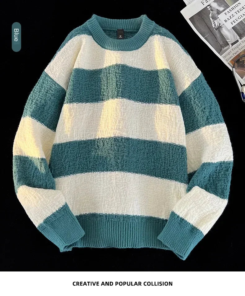 Men's New Black and White Striped Sweater Men's Autumn and Winter Loose Pullover Casual Top Men's Homestay Casual Warmth