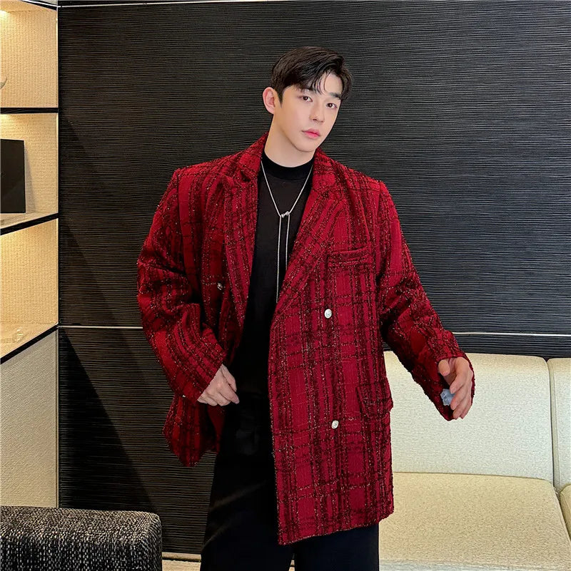Chic Men's Red Blazer Jacket Shiny Silk Plaid Stage Prom Dress Clothing Autumn Winter Desinger Casual Tweed Suit Coat