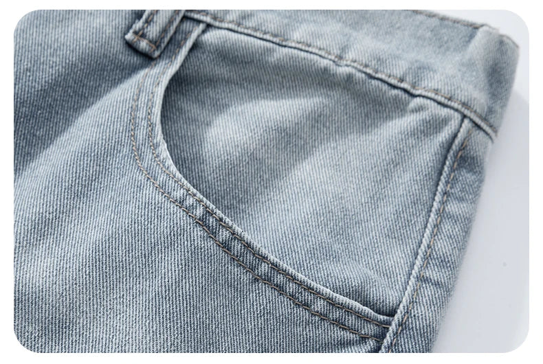 2025 Spring New Men's Ripped Jeans Baggy Straight Classic Light Blue Wide Leg Pants Elastic Waist Vintage Fashion Trousers Male