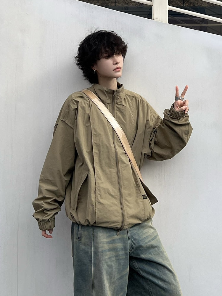 Spring Jackets Men Rib-sleeve Design Sun-proof Chic Unisex Loose Simple Japanese Style Males Outwear Basic Stand Collar Harajuku