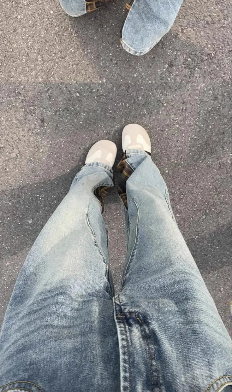 Trendy hip-hop men and women trendy personality checkered splicing straight leg jeans for couples loose retro casual pants y2k