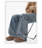 Hip hop personality trend men and women straight leg washed jeans American couple loose retro curved knife casual pants y2k