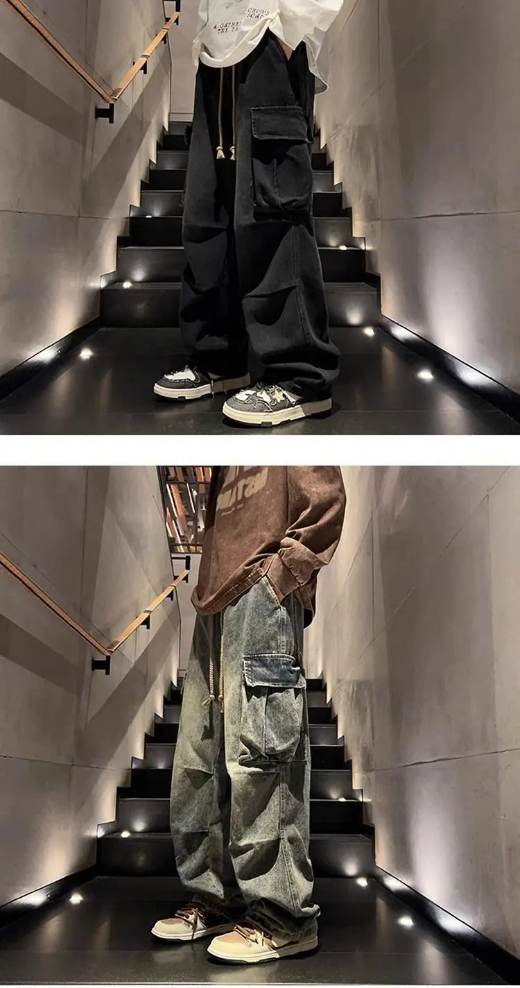 High street hip-hop men and women trendy personality large pocket straight leg washed denim jeans couple retro casual pants y2k