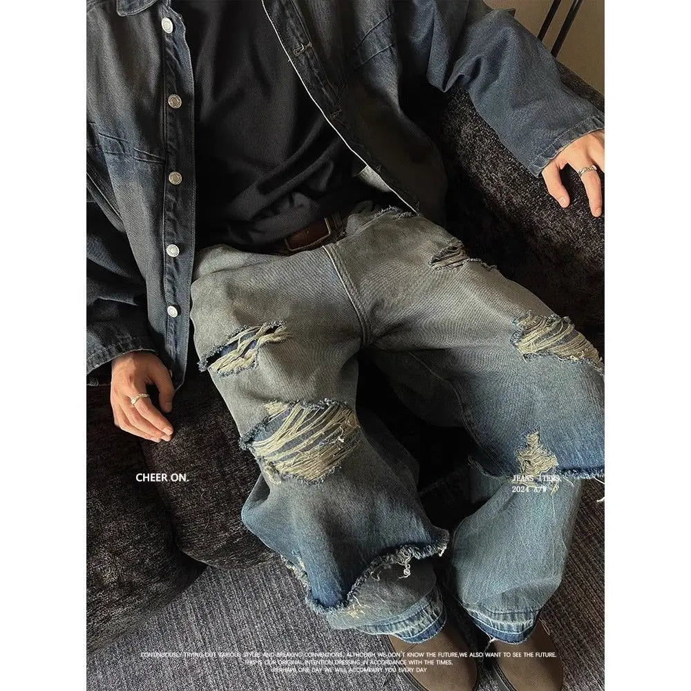 American Spring and Autumn Trendy Street Personalized Fake Two piece Straight leg Jeans Couple Loose Retro Casual Pants y2k