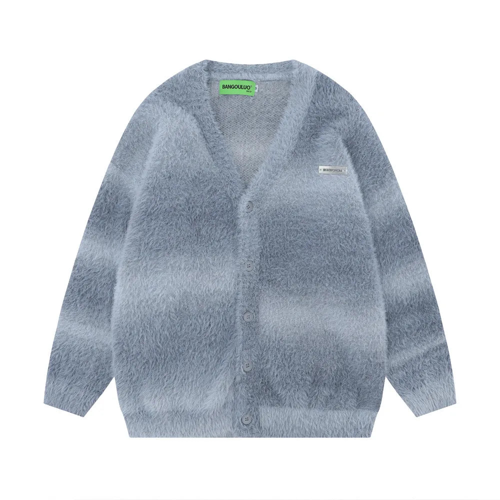 Autumn and Winter Striped Plush Thickened Men's Cardigan V-neck Fashionable Casual Loose Sweater Couple Streetwear Loose Knit