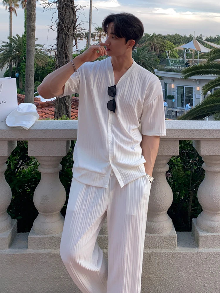 Korean Lazy Style V-neck Cardigan Short-sleeved T-shirt Men's Summer Straight Floor Pants Comfortable Casual Sports Joggers Set