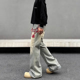 American retro men and women trend personalized embroidered straight leg washed jeans couple spring and autumn casual pants y2k