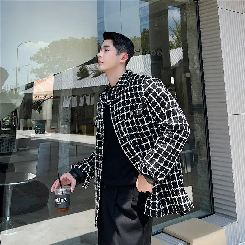 Autumn Winter Men's Fashion Plaid Jacket Coat Turn-down Collar Buttons Woolen Thick Outerwear Clothing Chic Check Shacket Man