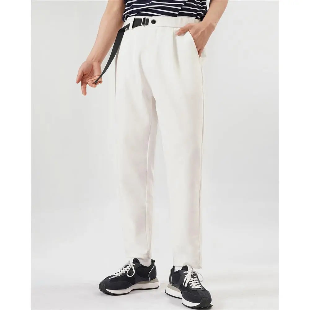 White Stretch Casual Ankle Pants Silhouette Men's Elegant Suit Pants Summer Korean Straight Loose Men's Smart Casual Trousers