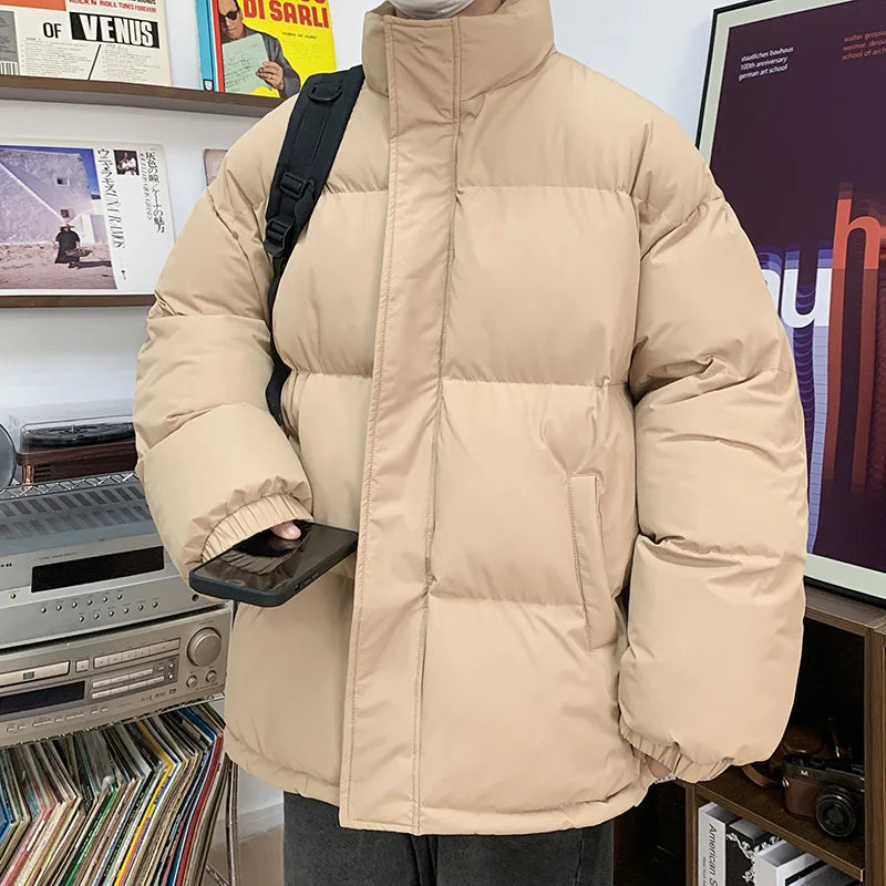 Winter Men Quilted Jackets Heavy Stand Collar Padded Coat Solid Thick Warm Windbreaker Outerwear Clothes Casual Black Khaki