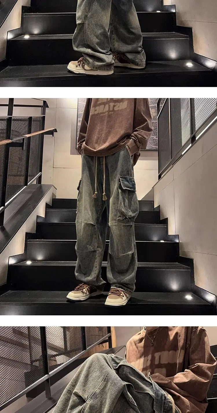 High street hip-hop men and women trendy personality large pocket straight leg washed denim jeans couple retro casual pants y2k