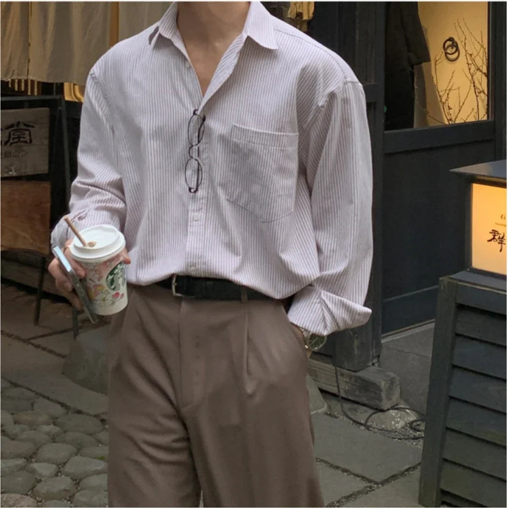 Oversized Men's Niche Striped Shirt, Spring&Autumn Fashion All-Matching Long Sleeve Shirt Coat, Korean Casual Unisex Outdoor