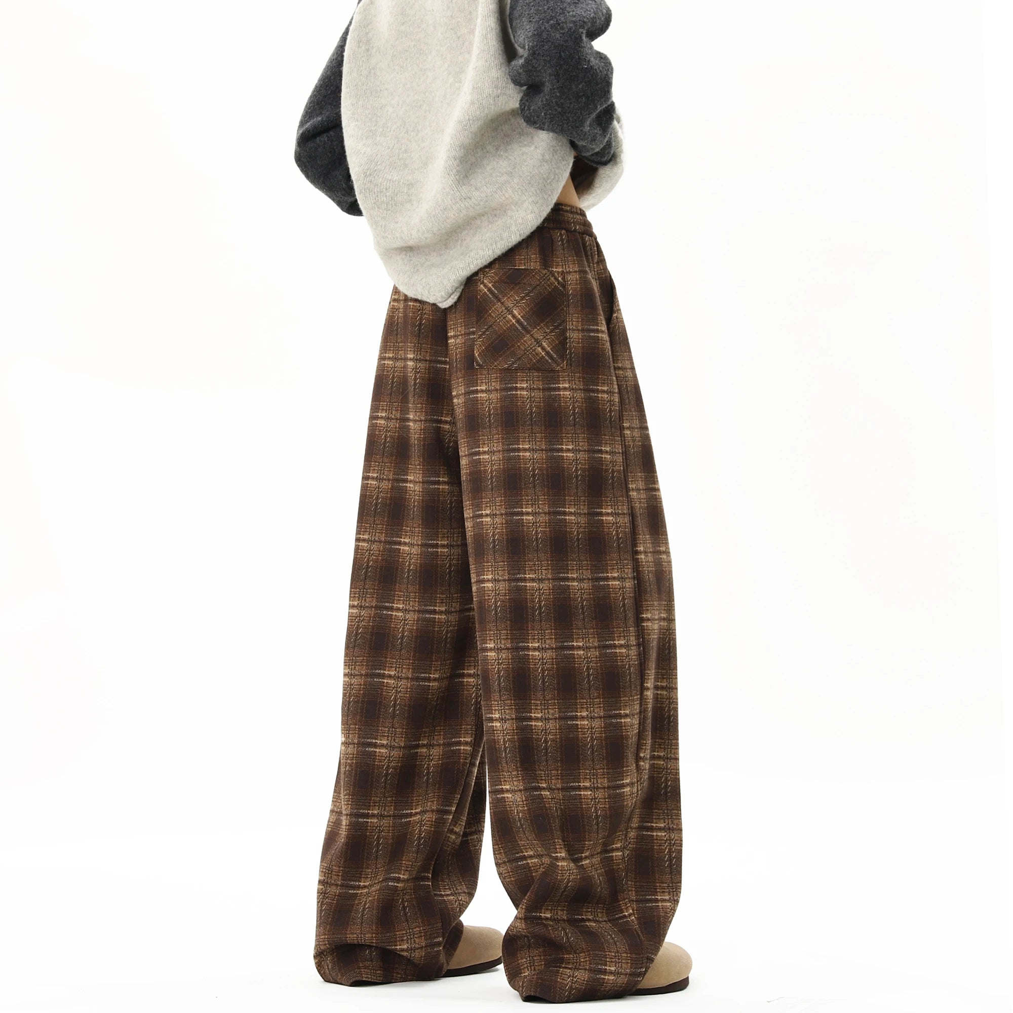 Winter Trendy Tartan Fleeced Plaid Casual Pants Men's Loose Straight Warm Long Pants Mopping Trousers For Men Black/Coffee