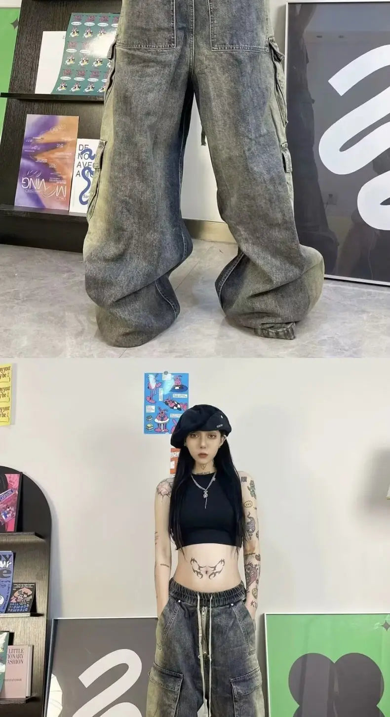 Street men and women trendy and personalized hip-hop straight leg washed gradient jeans for couples loose casual Harajuku pants