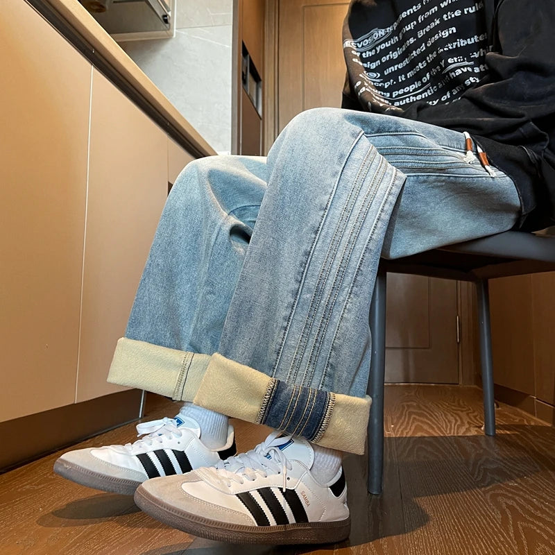 Winter Velvet Wide Leg Jeans Side Striped Straight Casual Fashion Denim Trousers Hip Hop Streetwear Warm Pants Plus Size 8XL-M