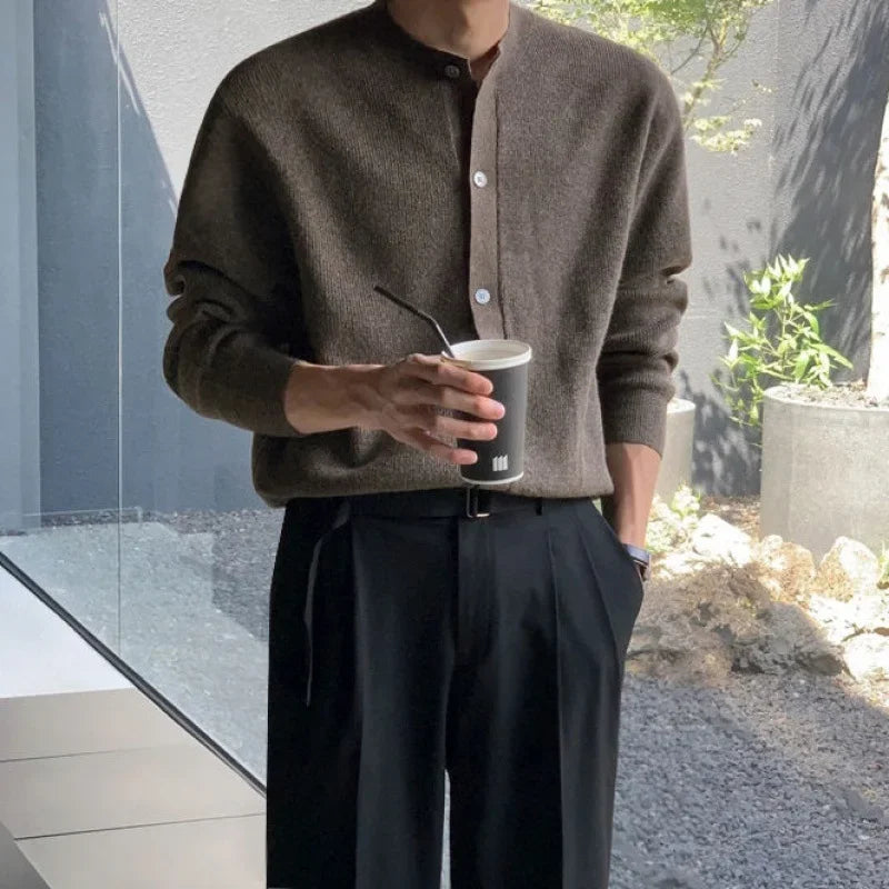 Men Autumn and Winter Knitted Cardigan Long-sleeved Sweater, Fashionable Single-breasted, Advanced Sense, Pure Color, Loose Coat