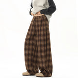 Winter Trendy Tartan Fleeced Plaid Casual Pants Men's Loose Straight Warm Long Pants Mopping Trousers For Men Black/Coffee