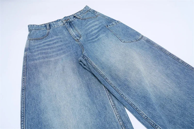 Multi-pocket Loose Wide-leg Jeans Men's Cotton Vintage Washed Denim Pants Hip-hop Fashion Y2K Streetwear Autumn Casual Trousers