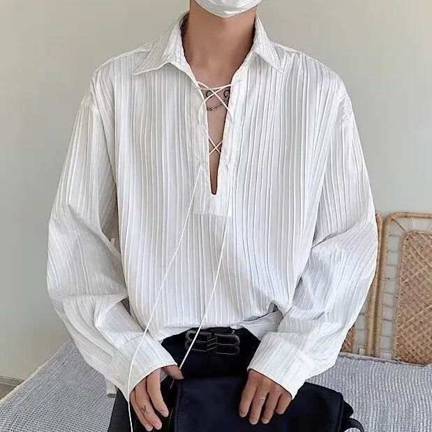 New Men's Casual Blouse Shirt Tops Long Sleeve Tee Shirt Spring Autumn Slanted Placket Vintage Shirts Renaissance Shirt