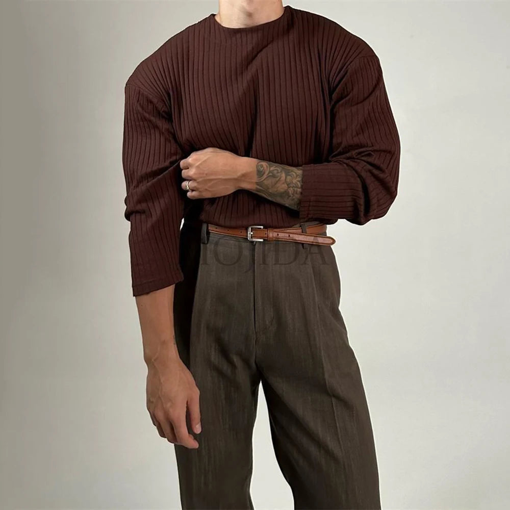 Mens Autumn Concave Convex Striped Off-Shoulder Long-Sleeved Knitted T-Shirt Gender-Neutral Casual Solid Color Loose Top Unisex